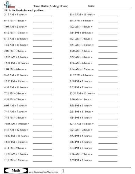 Adding Hours Worksheet - Adding Hours worksheet